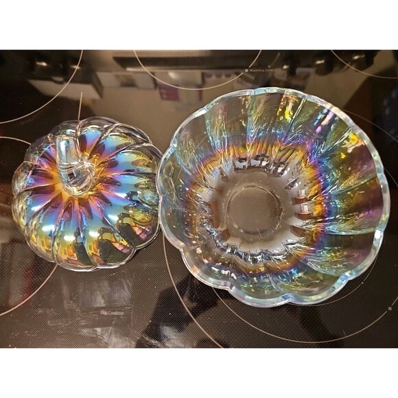 Beautiful Irridescent Heavy Glass Pumpkin Candy Display Bowl 7” X 7” - Picture 5 of 9